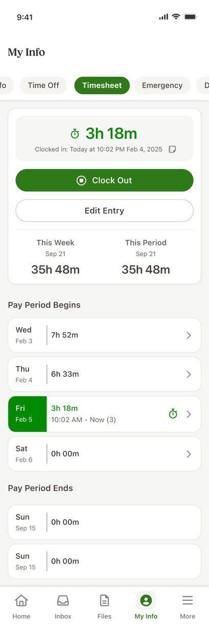 Timesheet tab on the employee profile