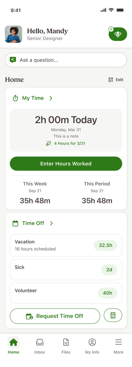 Home Screen, showing clock in/out widget