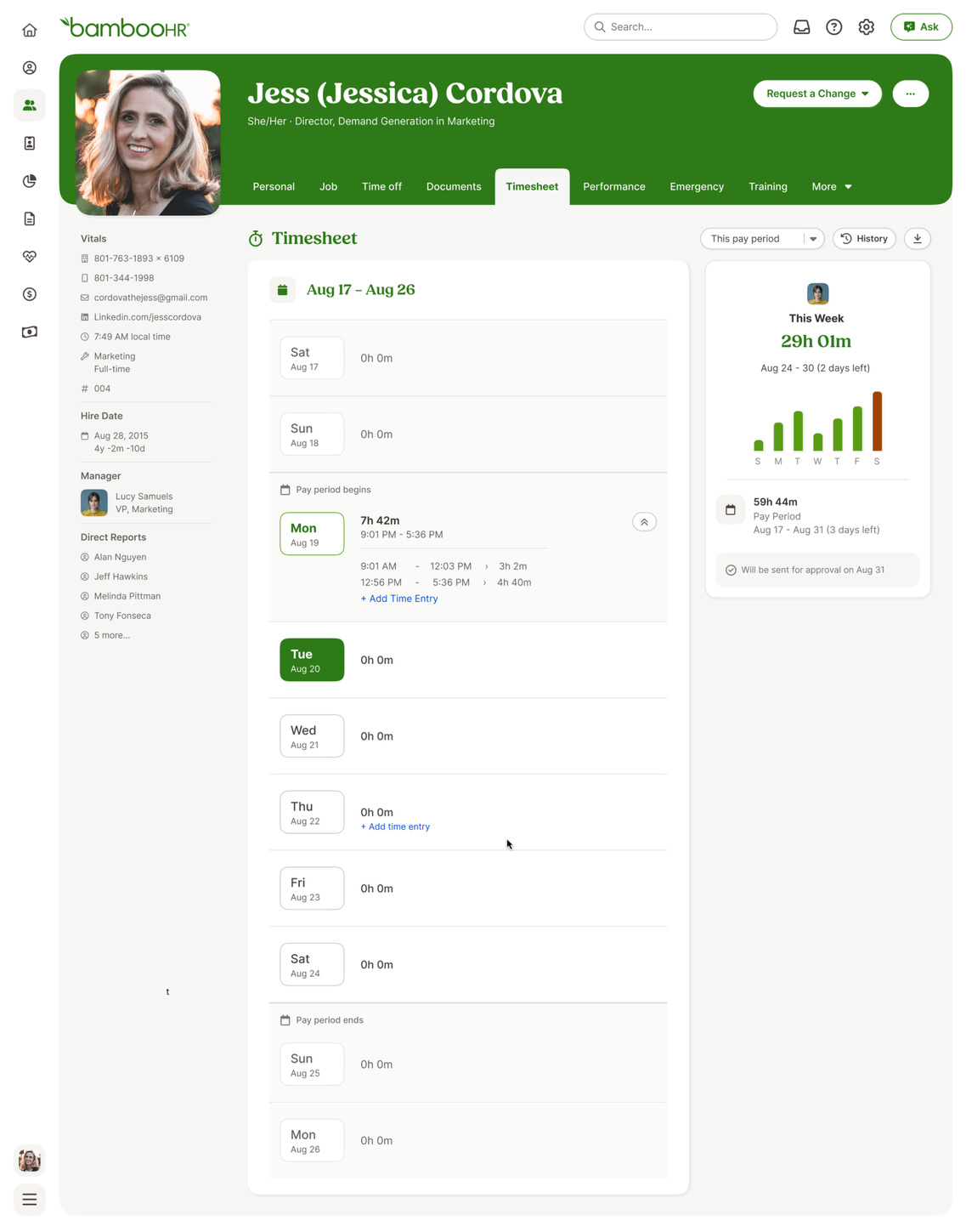 Timesheet tab on the Employee Profile