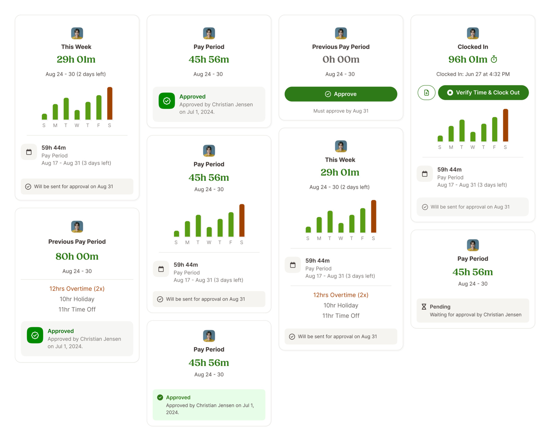 Several permutations of the right column of the timesheet to account for multiple use cases