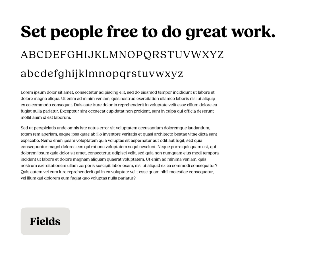 A specimen of Fields, the font we chose to be our new headline font.
